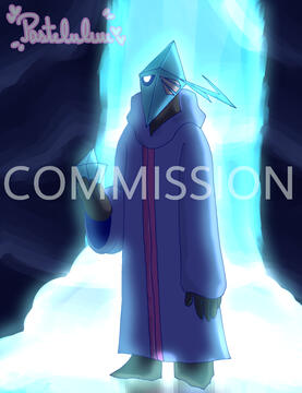 comission depicting nezha's character,standing on a glowey water fountain inside a cave holding a crystal.