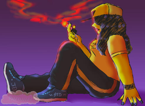 art of chester bodean from shoot trip die,depicted as a girl,smoking a cigar while sitting down.