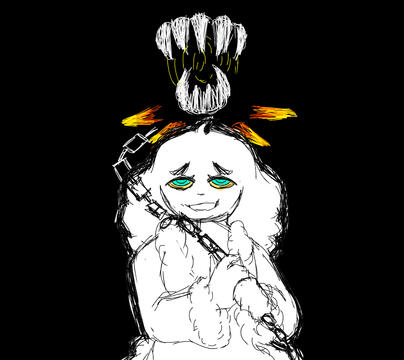depiction of an au of paste,holding a chain as a bigger evil hides in the shadows.